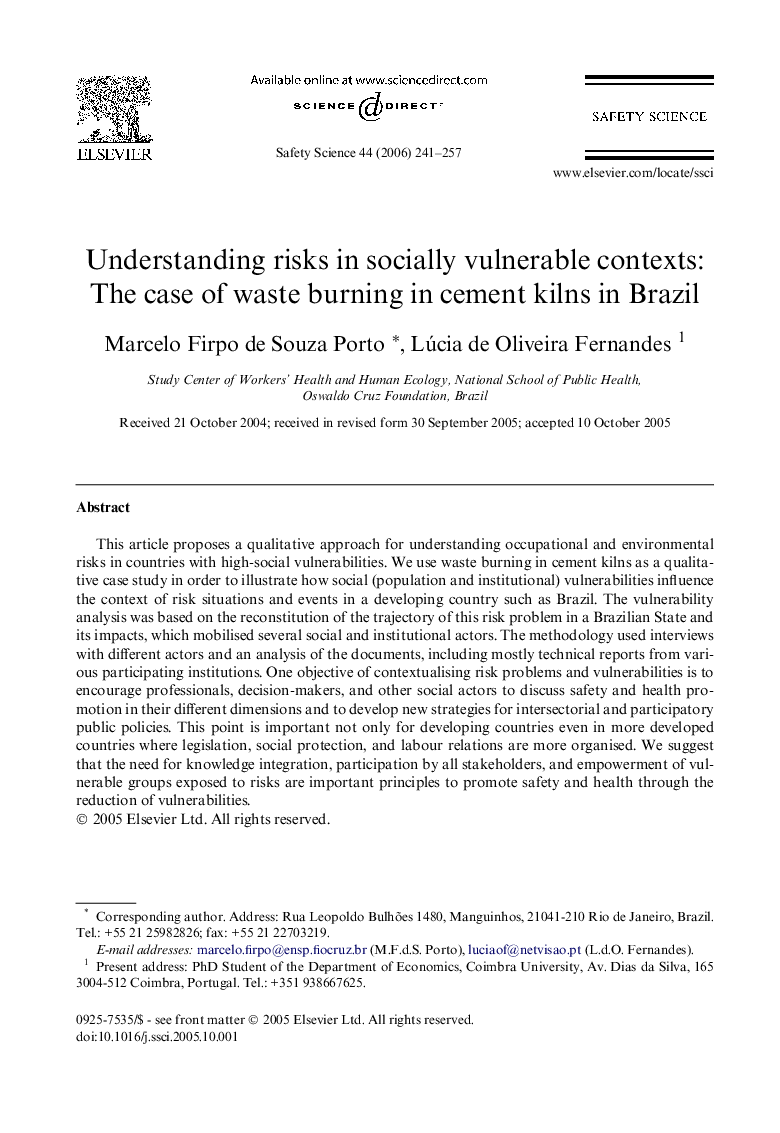 Understanding risks in socially vulnerable contexts: The case of waste burning in cement kilns in Brazil