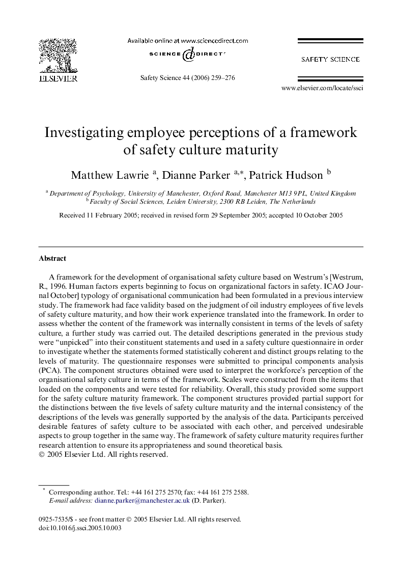 Investigating employee perceptions of a framework of safety culture maturity