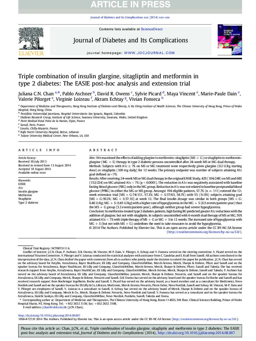 Triple combination of insulin glargine, sitagliptin and metformin in type 2 diabetes: The EASIE post-hoc analysis and extension trial