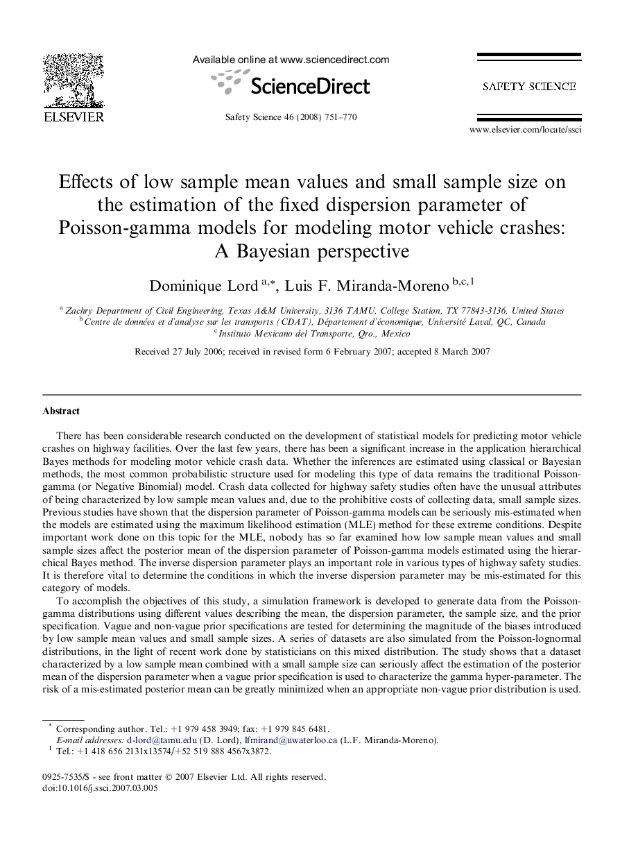 Effects of low sample mean values and small sample size on the estimation of the fixed dispersion parameter of Poisson-gamma models for modeling motor vehicle crashes: A Bayesian perspective