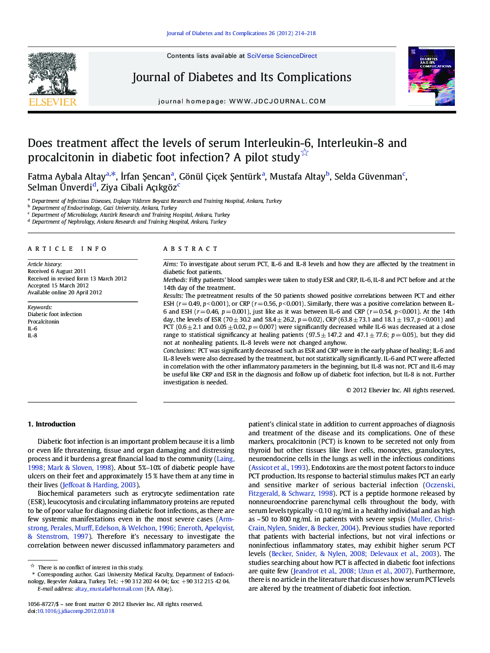 Does treatment affect the levels of serum Interleukin-6, Interleukin-8 and procalcitonin in diabetic foot infection? A pilot study