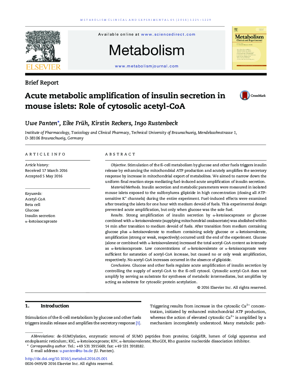 Brief ReportAcute metabolic amplification of insulin secretion in mouse islets: Role of cytosolic acetyl-CoA