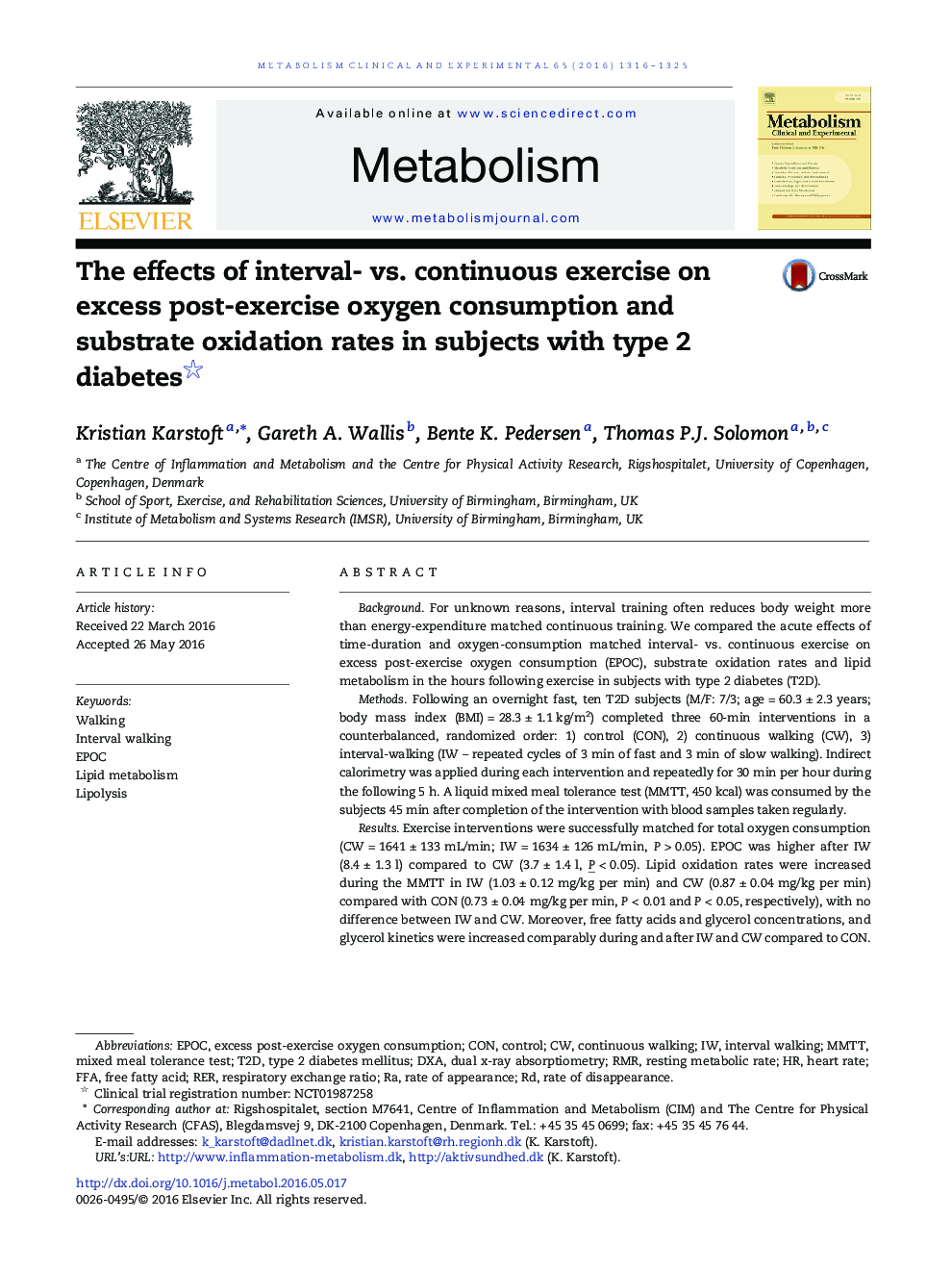 The effects of interval- vs. continuous exercise on excess post-exercise oxygen consumption and substrate oxidation rates in subjects with type 2 diabetes