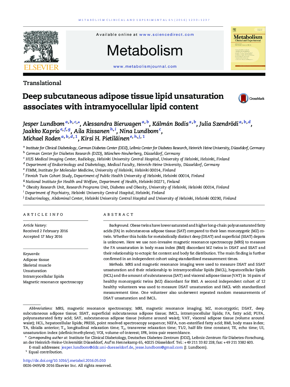 عکس صفحه اول مقاله: Deep subcutaneous adipose tissue lipid unsaturation associates with intramyocellular lipid content Deep subcutaneous adipose tissue lipid unsaturation associates with intramyocellular lipid content