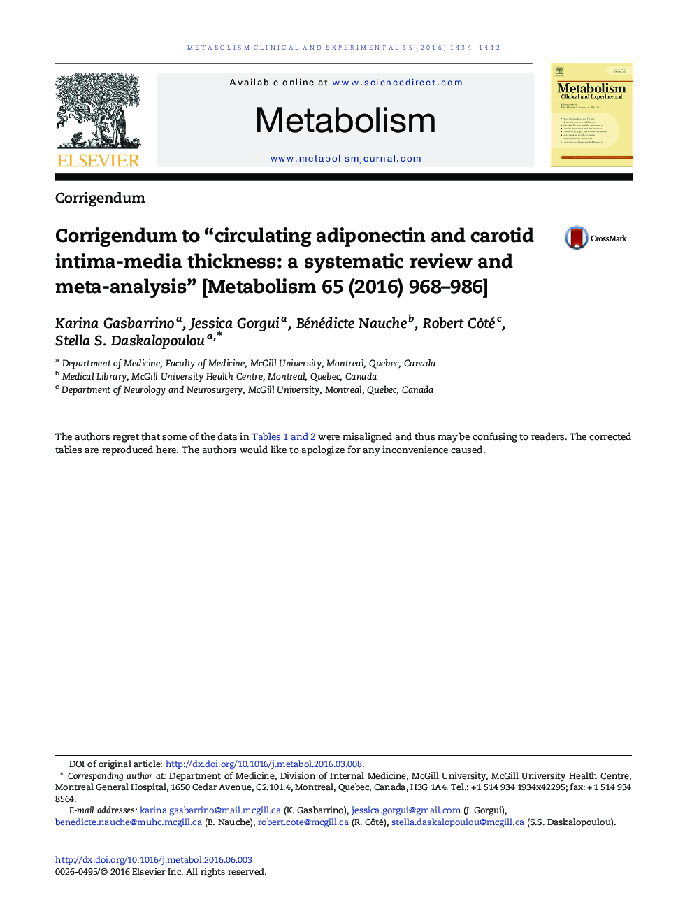 Corrigendum to “circulating adiponectin and carotid intima-media thickness: a systematic review and meta-analysis” [Metabolism 65 (2016) 968-986]