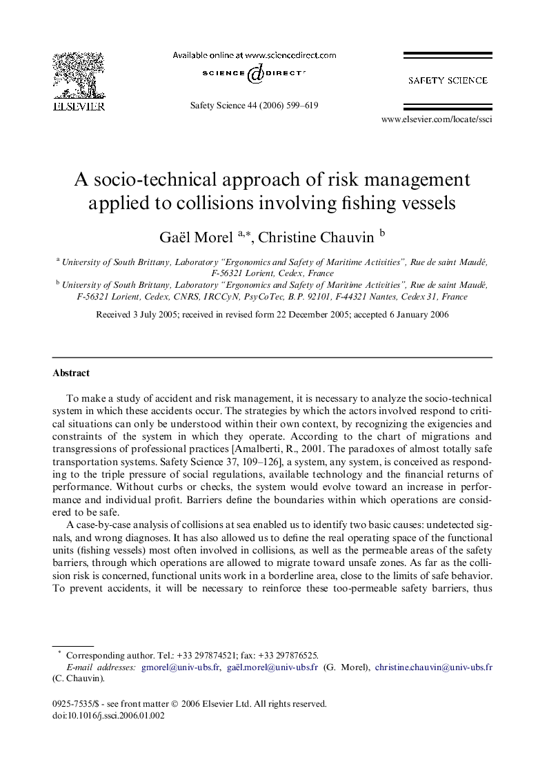 A socio-technical approach of risk management applied to collisions involving fishing vessels