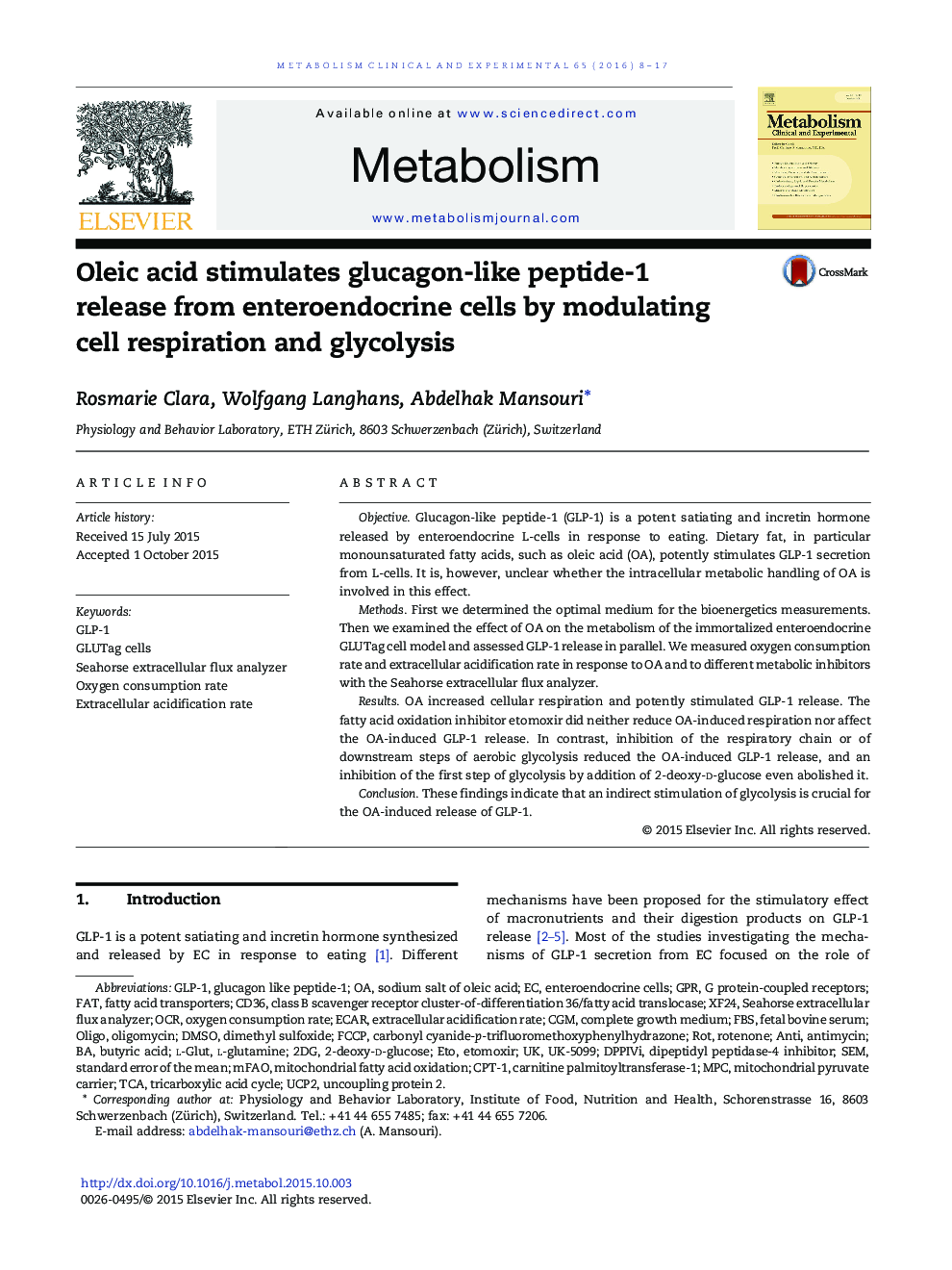 Oleic acid stimulates glucagon-like peptide-1 release from enteroendocrine cells by modulating cell respiration and glycolysis