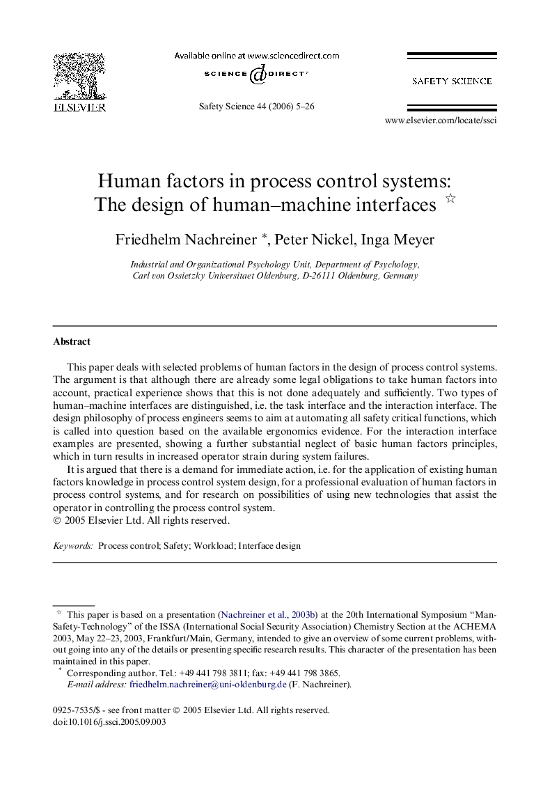 Human factors in process control systems: The design of human–machine interfaces 