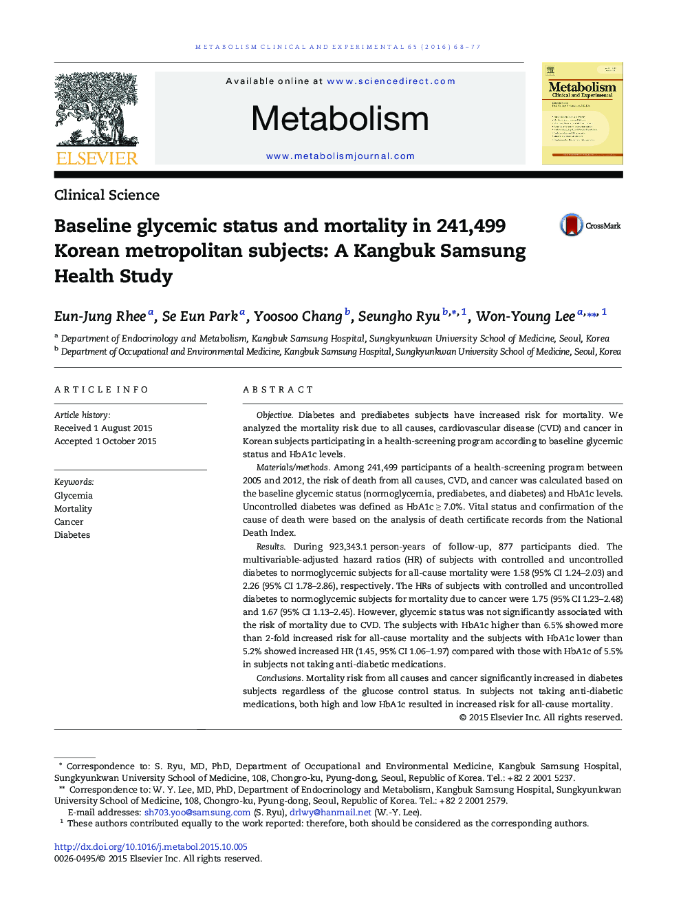 Baseline glycemic status and mortality in 241,499 Korean metropolitan subjects: A Kangbuk Samsung Health Study