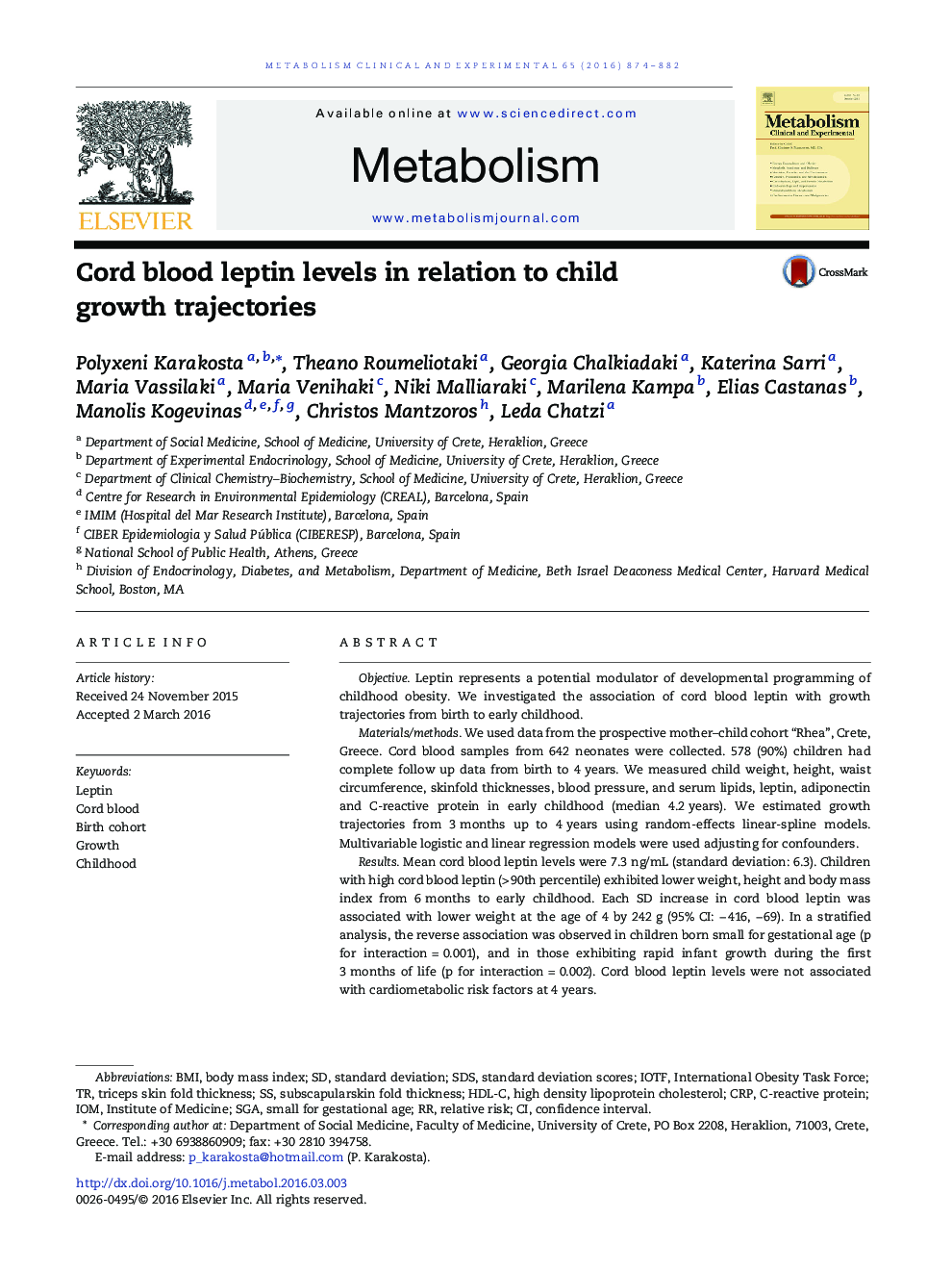 Clinical ScienceCord blood leptin levels in relation to child growth trajectories