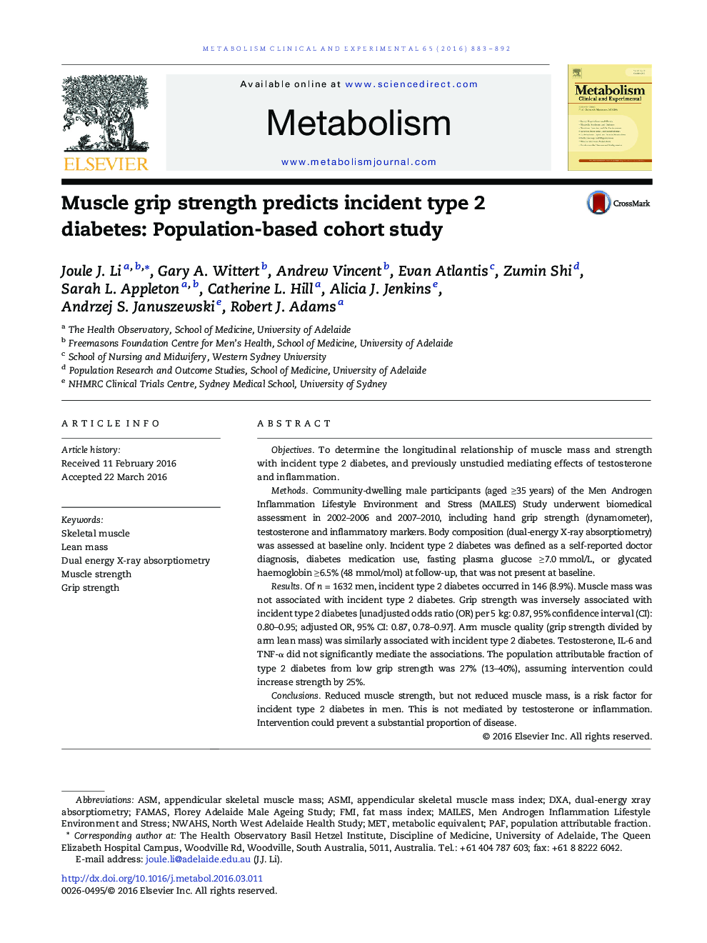 Clinical ScienceMuscle grip strength predicts incident type 2 diabetes: Population-based cohort study