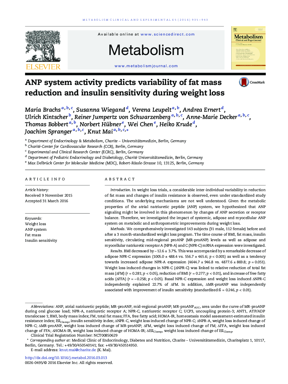 ANP system activity predicts variability of fat mass reduction and insulin sensitivity during weight loss