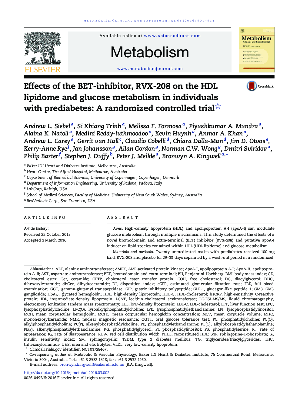 Effects of the BET-inhibitor, RVX-208 on the HDL lipidome and glucose metabolism in individuals with prediabetes: A randomized controlled trial