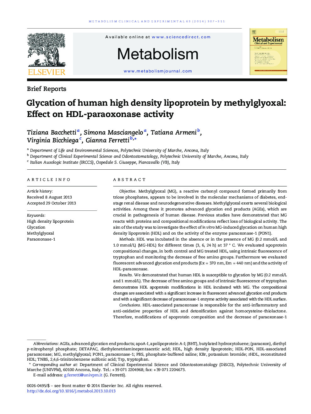 Glycation of human high density lipoprotein by methylglyoxal: Effect on HDL-paraoxonase activity