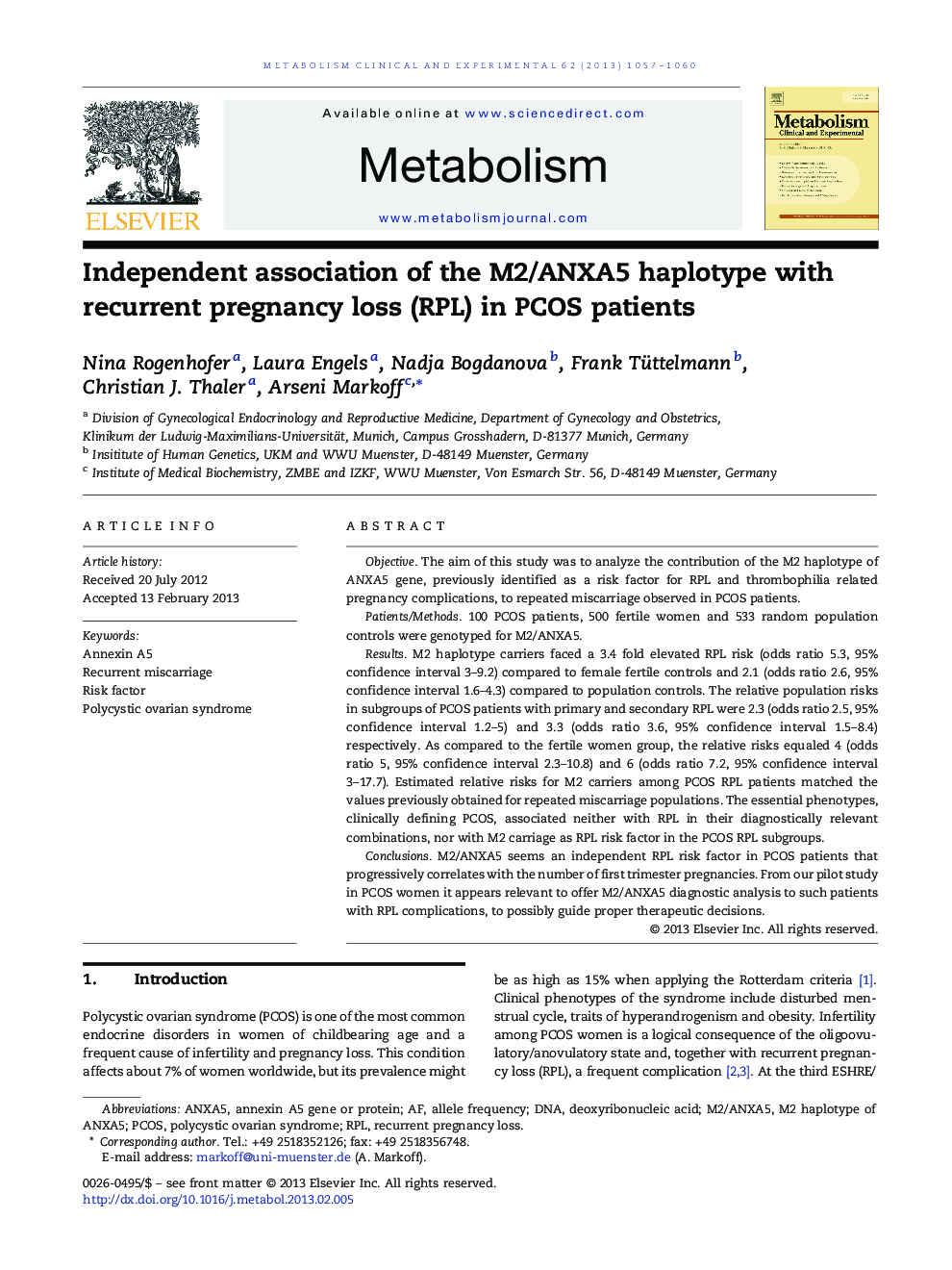 Independent association of the M2/ANXA5 haplotype with recurrent pregnancy loss (RPL) in PCOS patients