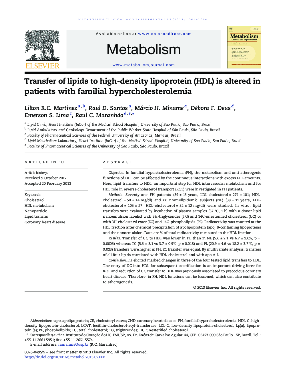 Transfer of lipids to high-density lipoprotein (HDL) is altered in patients with familial hypercholesterolemia