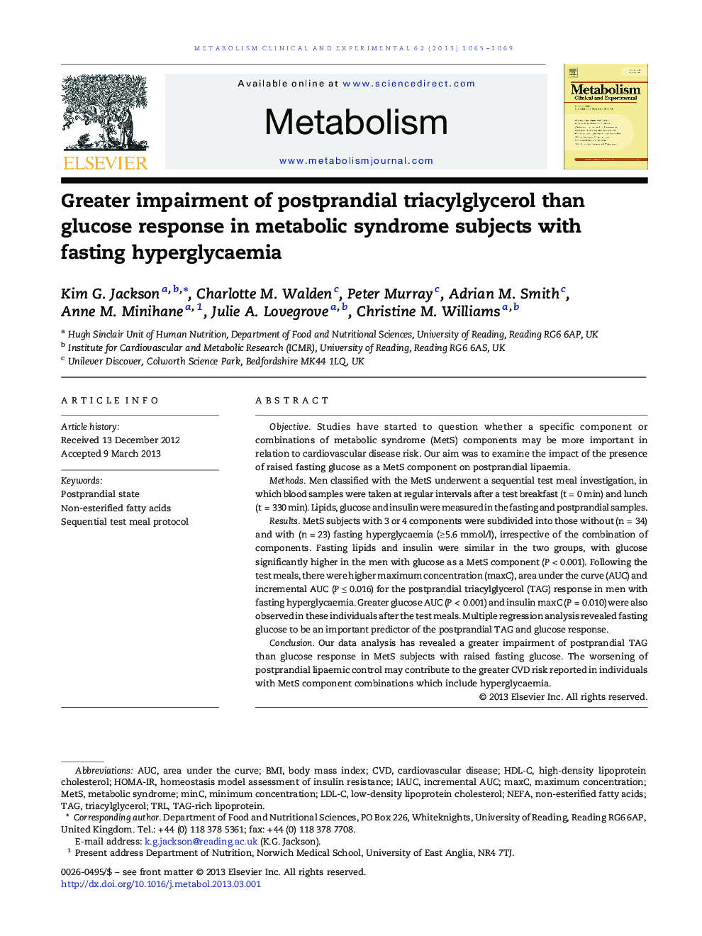 Brief ReportGreater impairment of postprandial triacylglycerol than glucose response in metabolic syndrome subjects with fasting hyperglycaemia