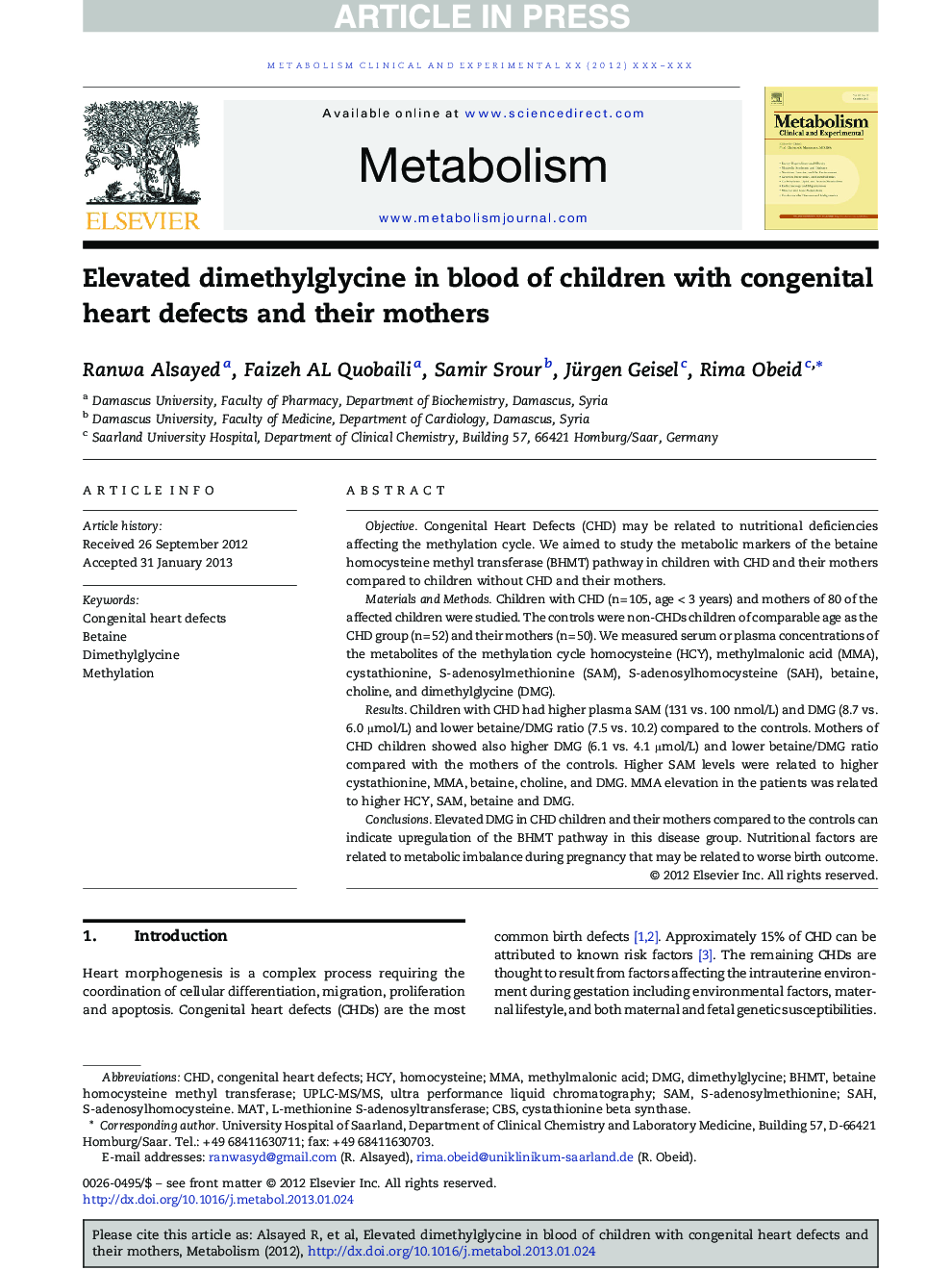 Elevated dimethylglycine in blood of children with congenital heart defects and their mothers