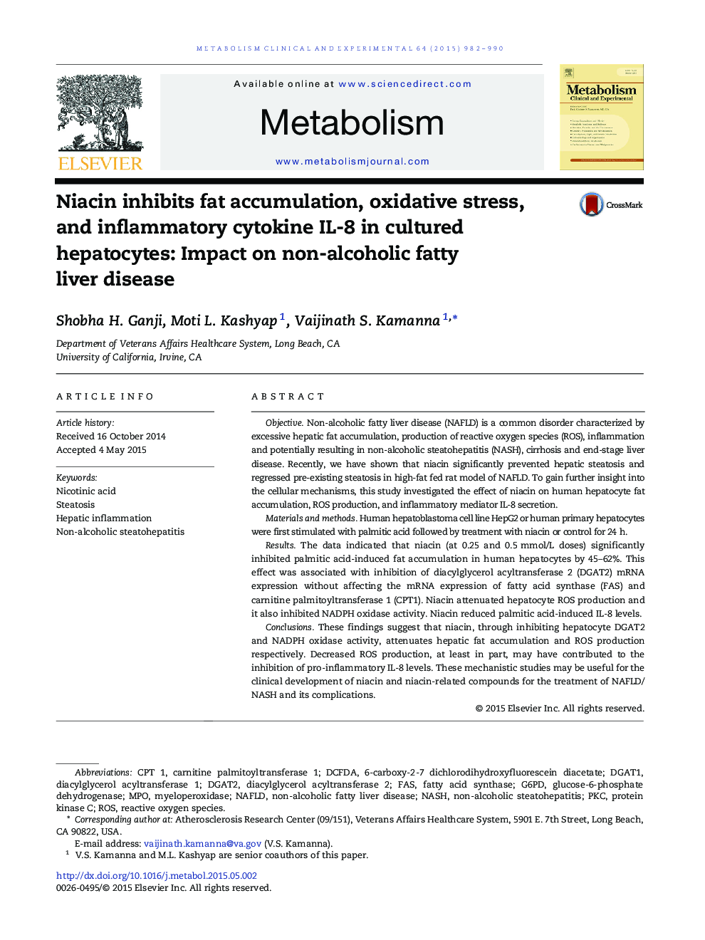 Niacin inhibits fat accumulation, oxidative stress, and inflammatory cytokine IL-8 in cultured hepatocytes: Impact on non-alcoholic fatty liver disease