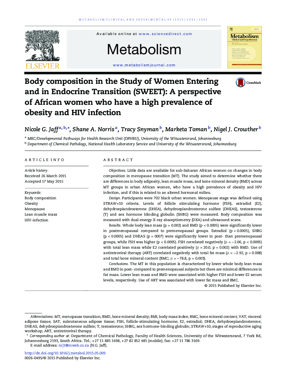 Body composition in the Study of Women Entering and in Endocrine Transition (SWEET): A perspective of African women who have a high prevalence of obesity and HIV infection