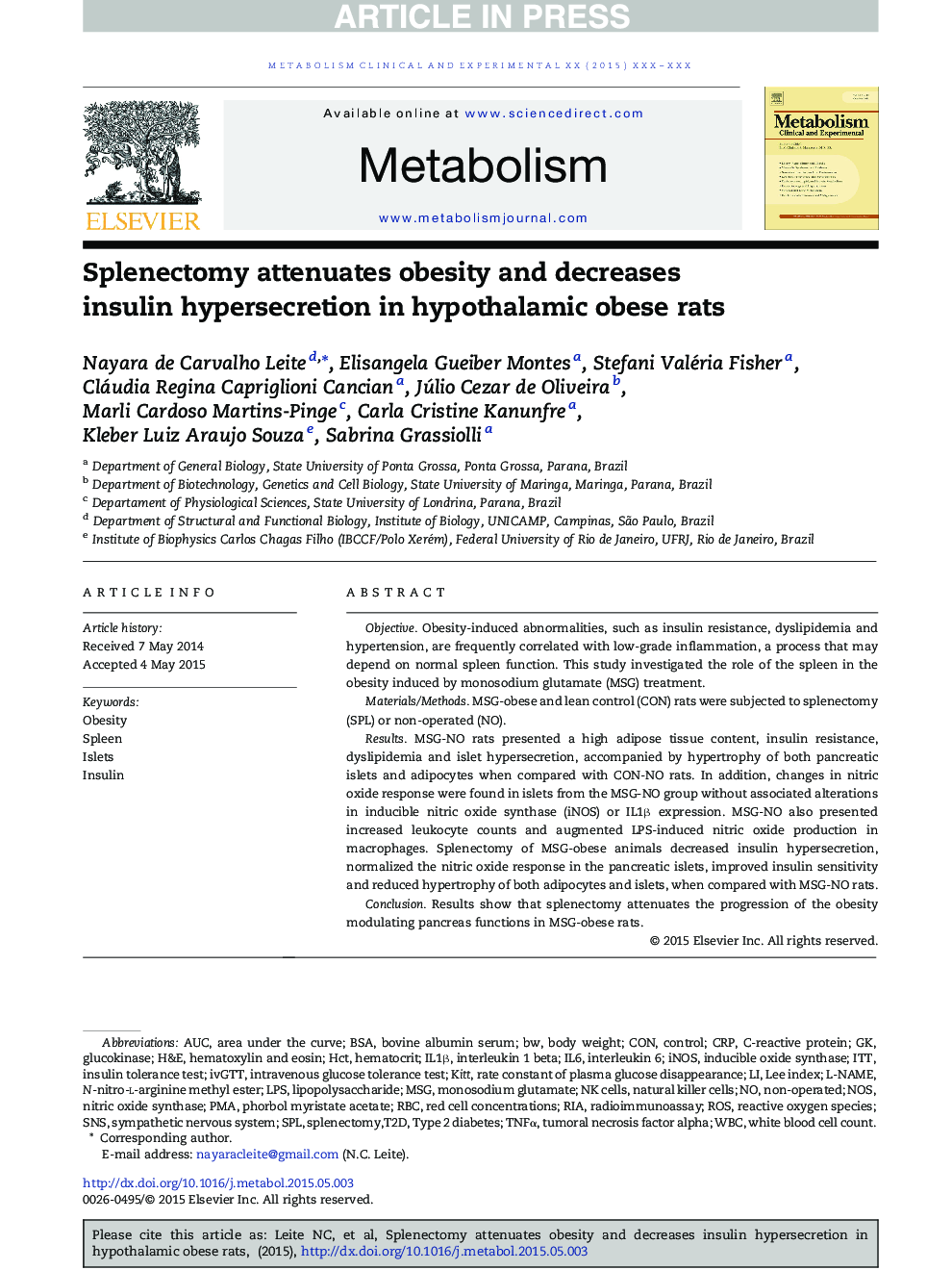 Splenectomy attenuates obesity and decreases insulin hypersecretion in hypothalamic obese rats