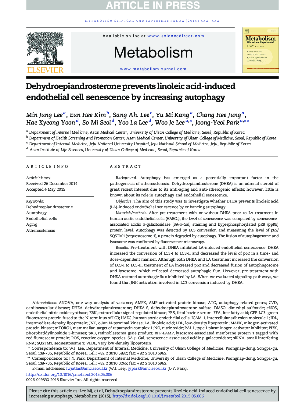 Dehydroepiandrosterone prevents linoleic acid-induced endothelial cell senescence by increasing autophagy