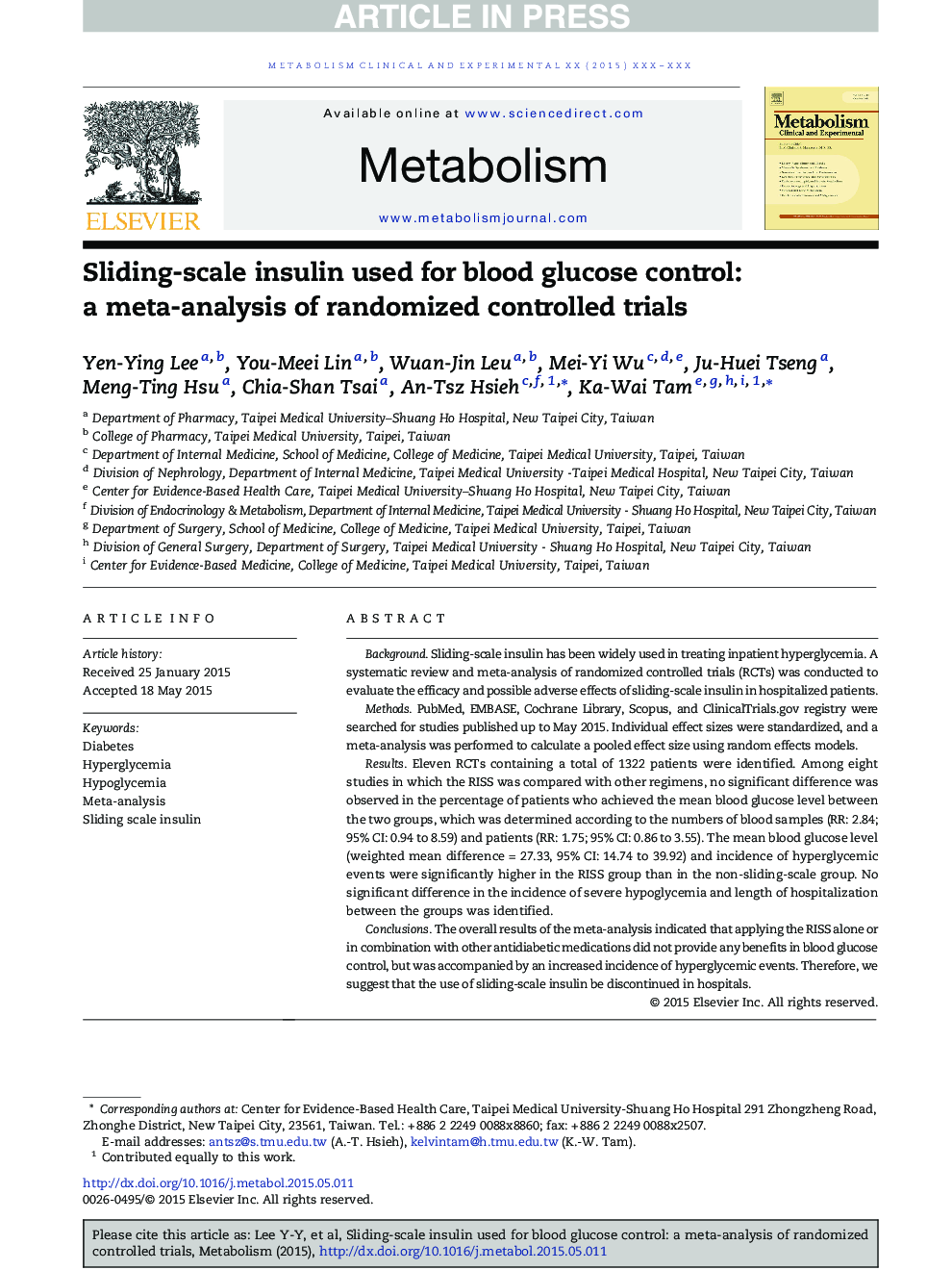 Sliding-scale insulin used for blood glucose control: a meta-analysis of randomized controlled trials