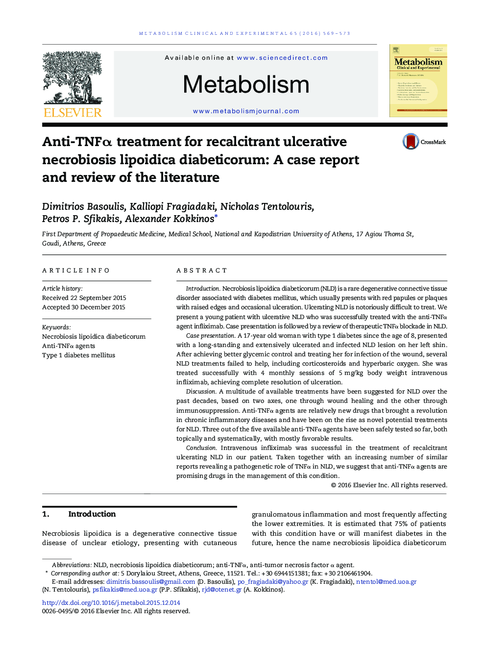 Anti-TNFÎ± treatment for recalcitrant ulcerative necrobiosis lipoidica diabeticorum: A case report and review of the literature