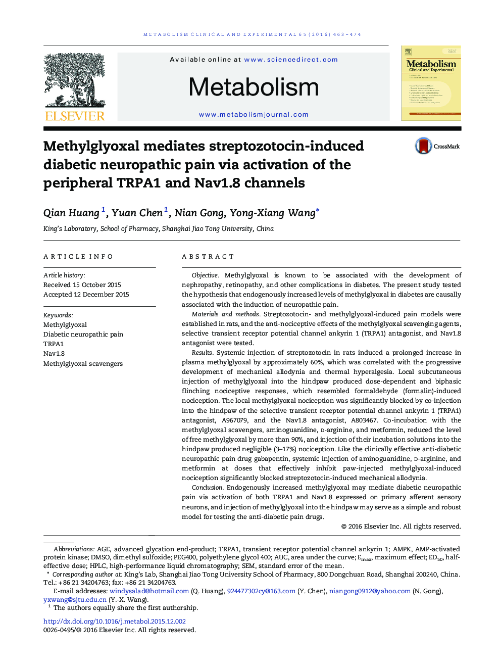 Methylglyoxal mediates streptozotocin-induced diabetic neuropathic pain via activation of the peripheral TRPA1 and Nav1.8 channels