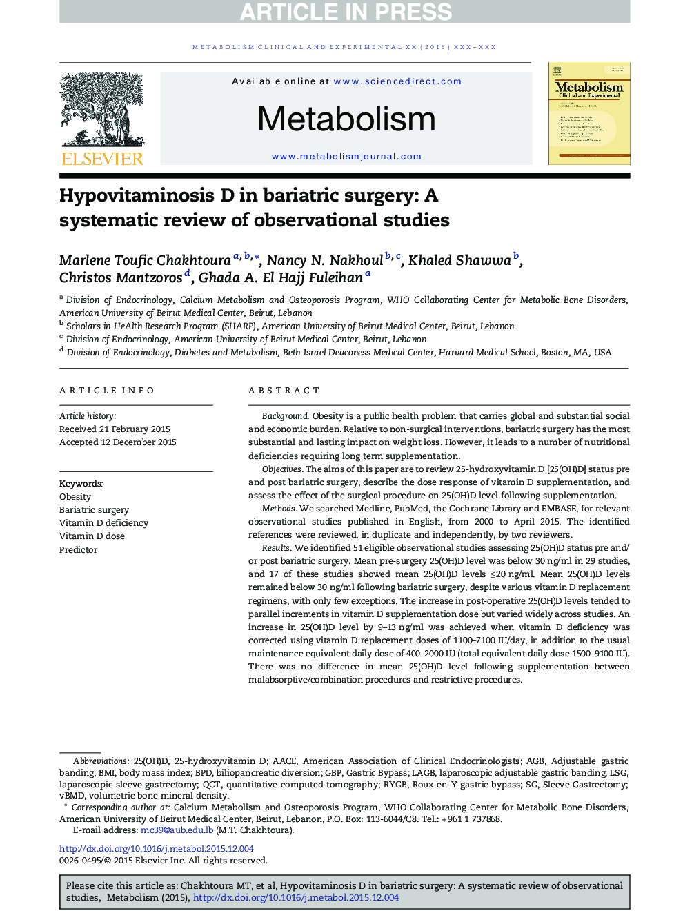Hypovitaminosis D in bariatric surgery: A systematic review of observational studies