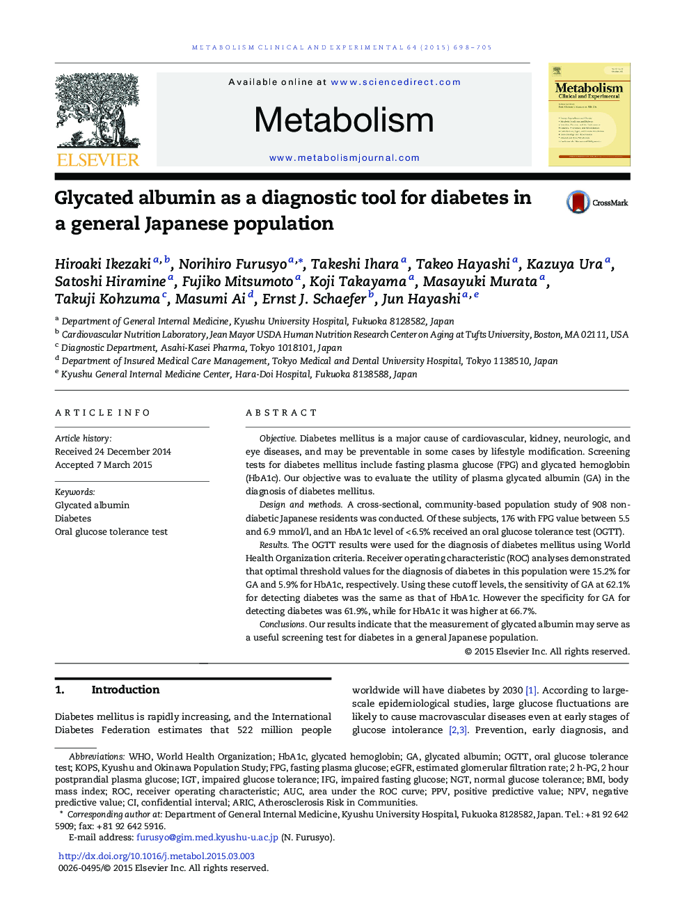 آلبومین گلیکوز شده به عنوان یک ابزار تشخیصی برای دیابت در جمعیت عمومی ژاپن 