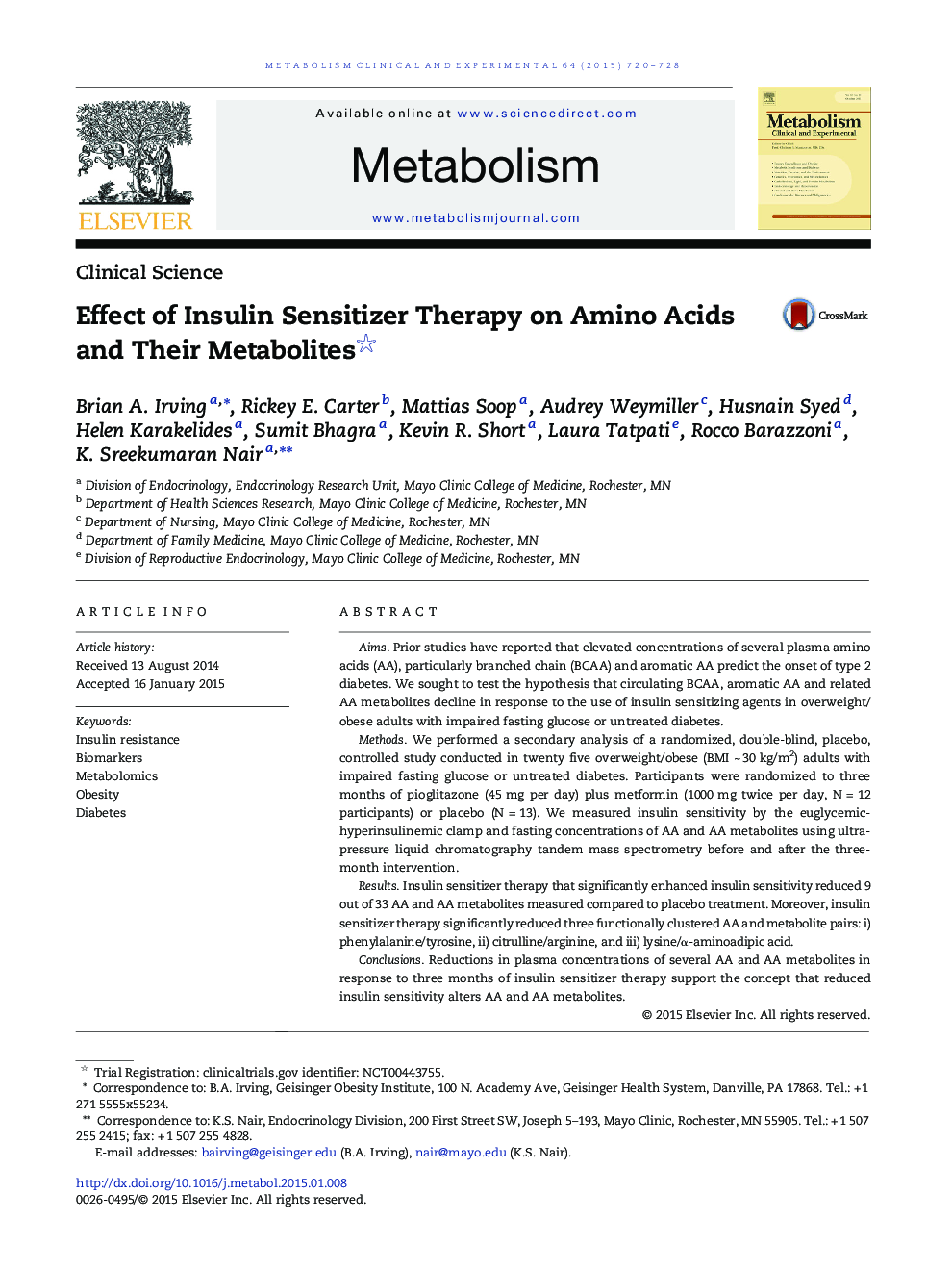 Clinical ScienceEffect of Insulin Sensitizer Therapy on Amino Acids and Their Metabolites