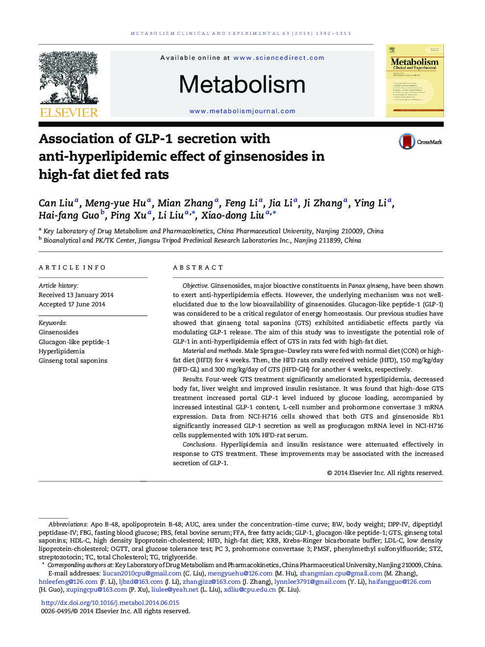 Association of GLP-1 secretion with anti-hyperlipidemic effect of ginsenosides in high-fat diet fed rats
