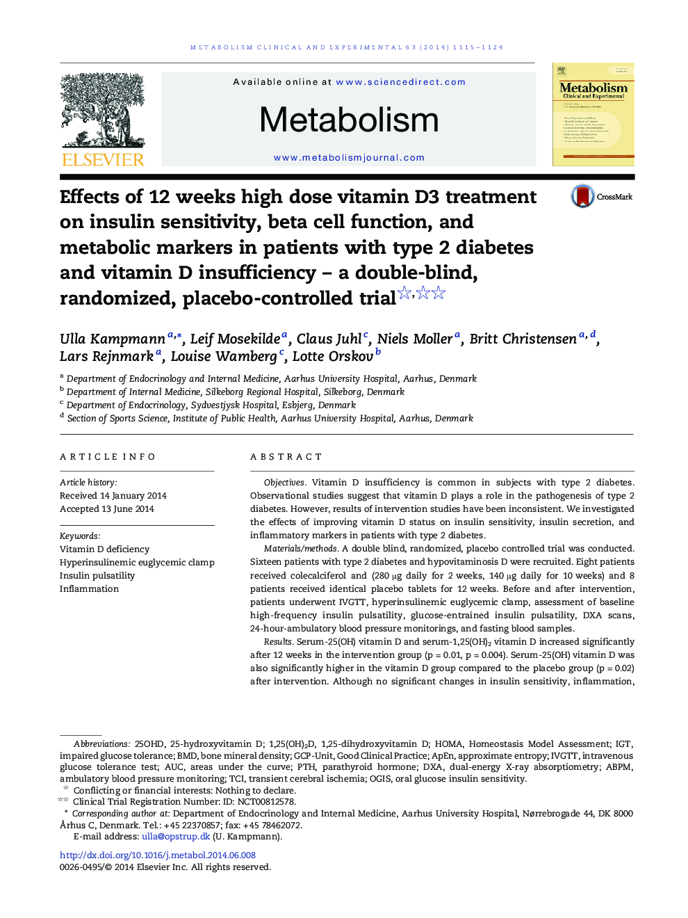 Effects of 12 weeks high dose vitamin D3 treatment on insulin sensitivity, beta cell function, and metabolic markers in patients with type 2 diabetes and vitamin D insufficiency - a double-blind, randomized, placebo-controlled trial