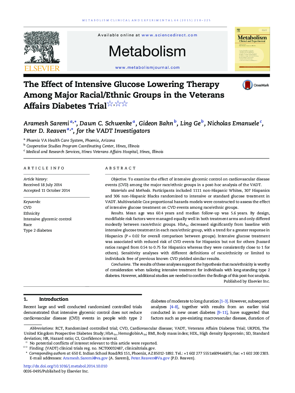 The Effect of Intensive Glucose Lowering Therapy Among Major Racial/Ethnic Groups in the Veterans Affairs Diabetes Trial