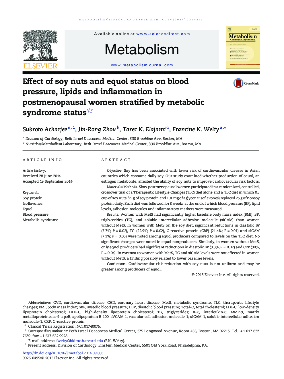 Effect of soy nuts and equol status on blood pressure, lipids and inflammation in postmenopausal women stratified by metabolic syndrome status