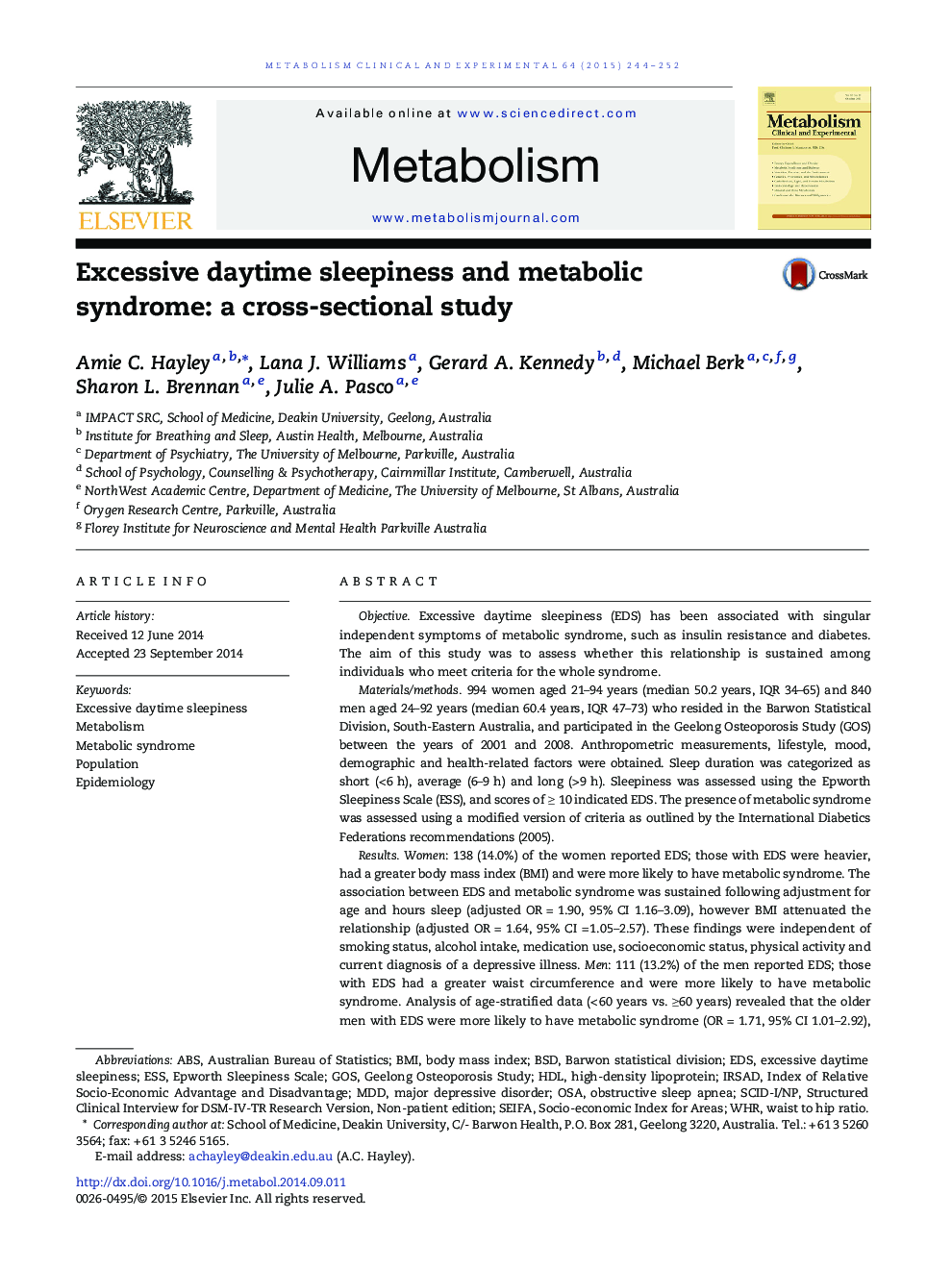 Excessive daytime sleepiness and metabolic syndrome: a cross-sectional study