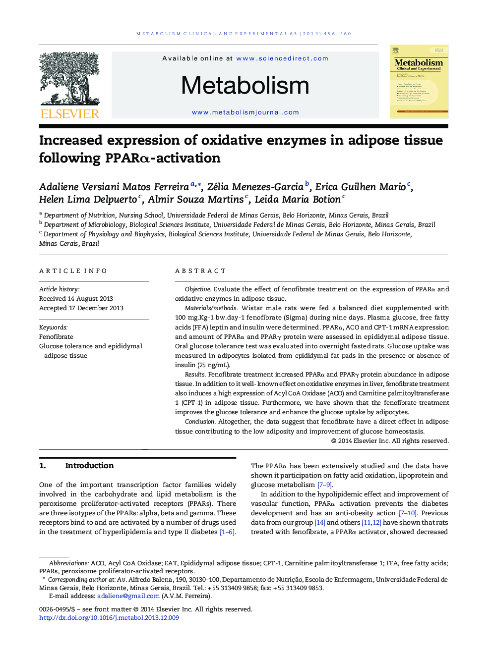 Increased expression of oxidative enzymes in adipose tissue following PPARÎ±-activation