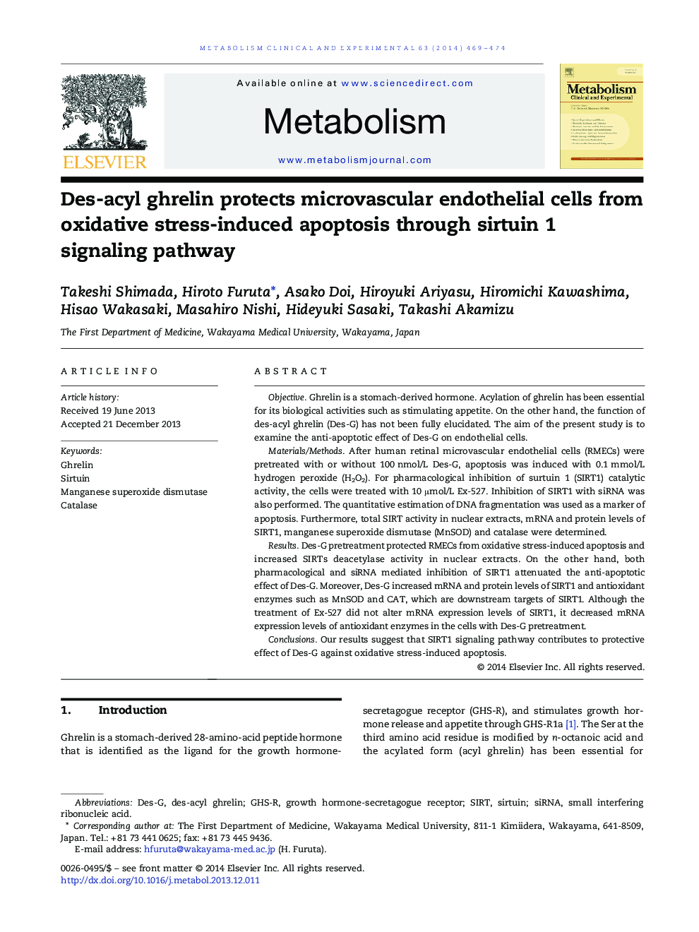 Des-acyl ghrelin protects microvascular endothelial cells from oxidative stress-induced apoptosis through sirtuin 1 signaling pathway