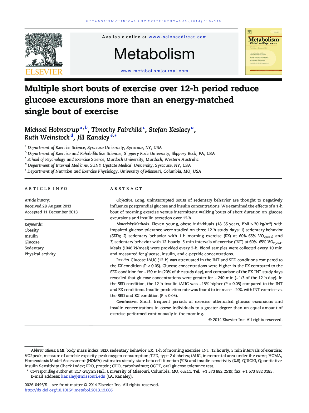 Multiple short bouts of exercise over 12-h period reduce glucose excursions more than an energy-matched single bout of exercise