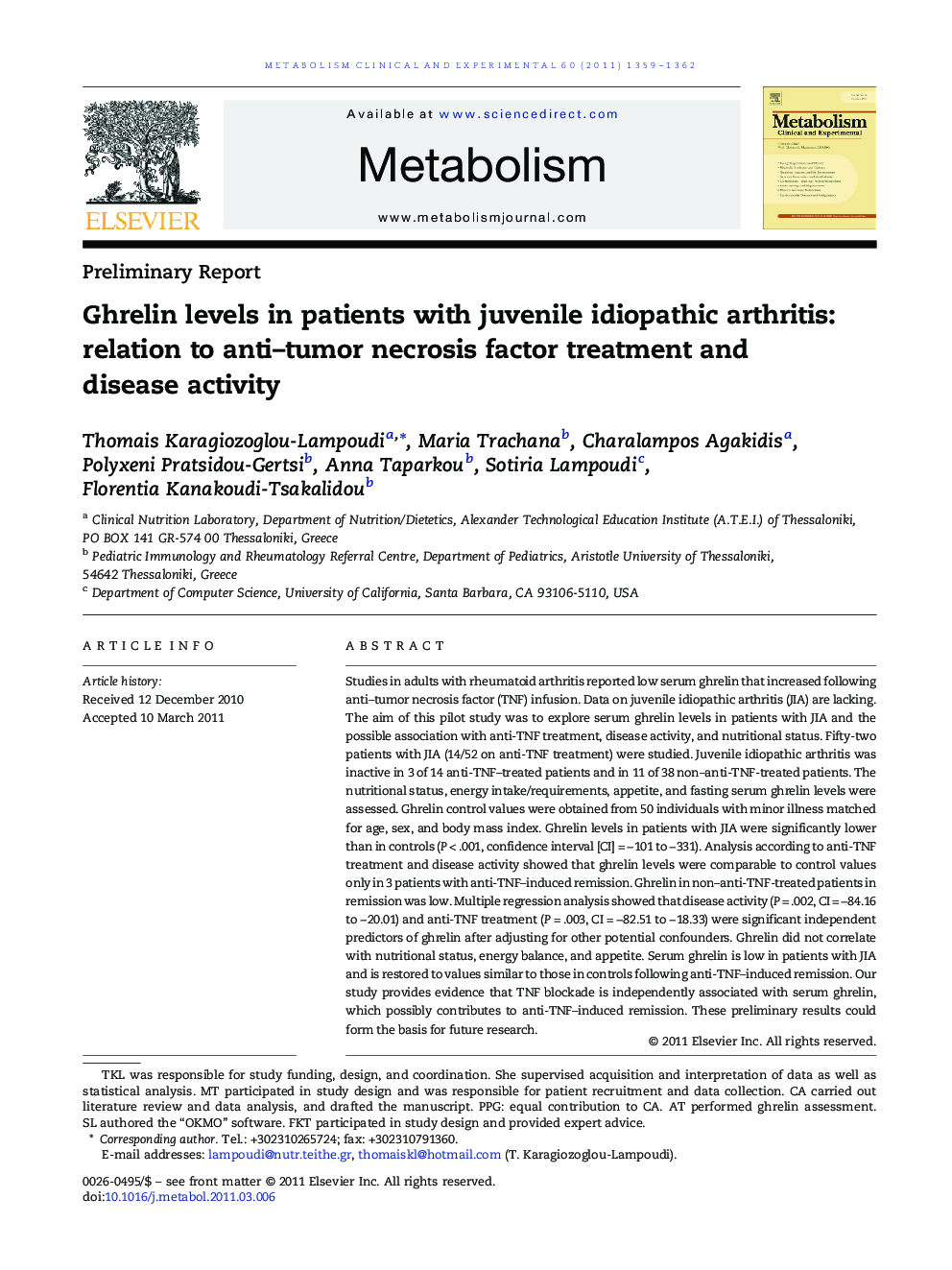 Ghrelin levels in patients with juvenile idiopathic arthritis: relation to anti-tumor necrosis factor treatment and disease activity