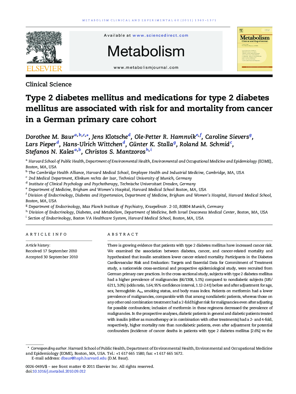 Type 2 diabetes mellitus and medications for type 2 diabetes mellitus are associated with risk for and mortality from cancer in a German primary care cohort