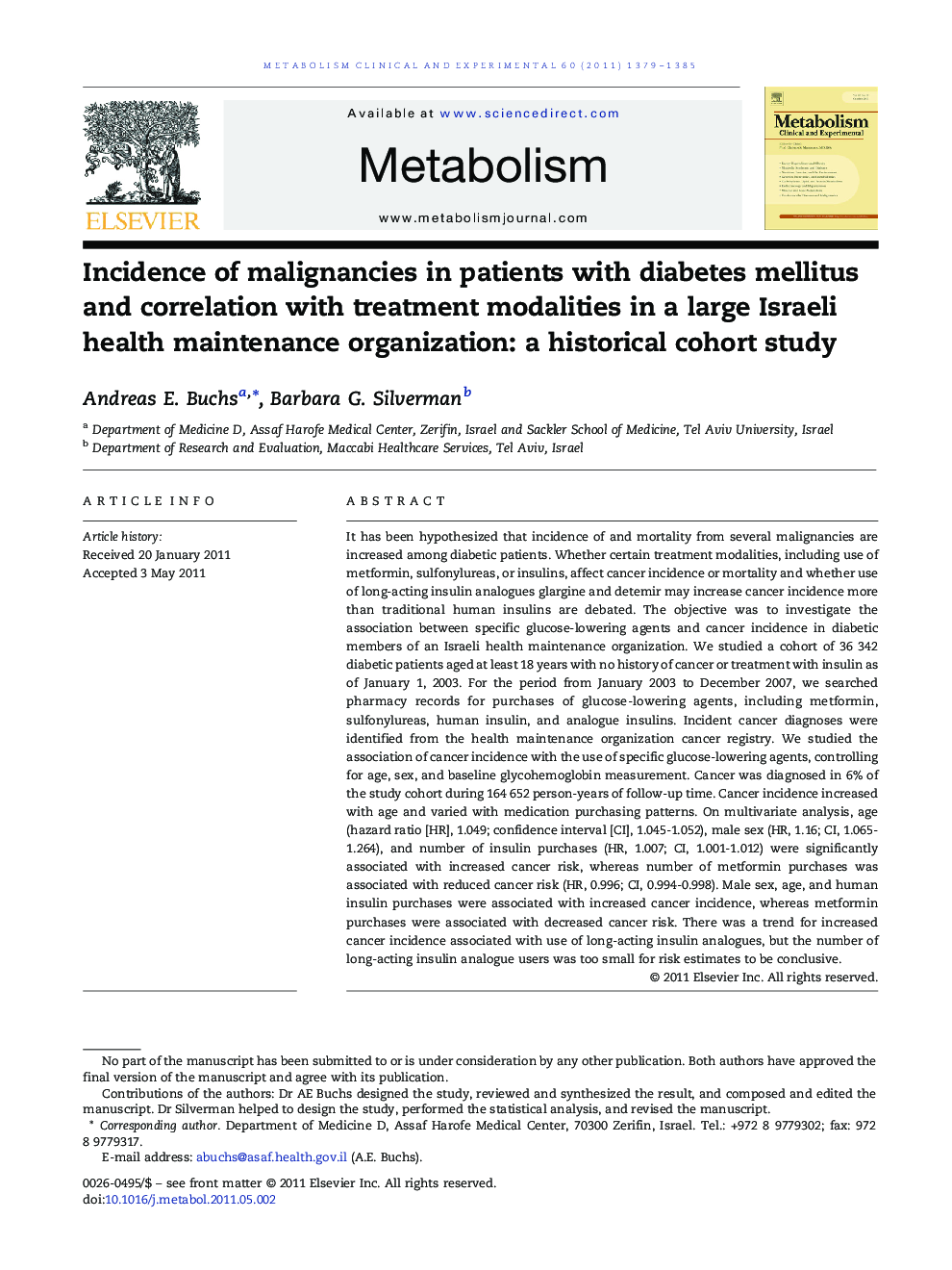 Incidence of malignancies in patients with diabetes mellitus and correlation with treatment modalities in a large Israeli health maintenance organization: a historical cohort study