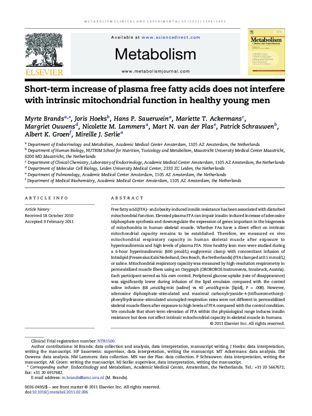 Short-term increase of plasma free fatty acids does not interfere with intrinsic mitochondrial function in healthy young men