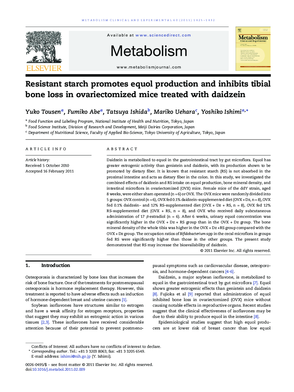 Resistant starch promotes equol production and inhibits tibial bone loss in ovariectomized mice treated with daidzein