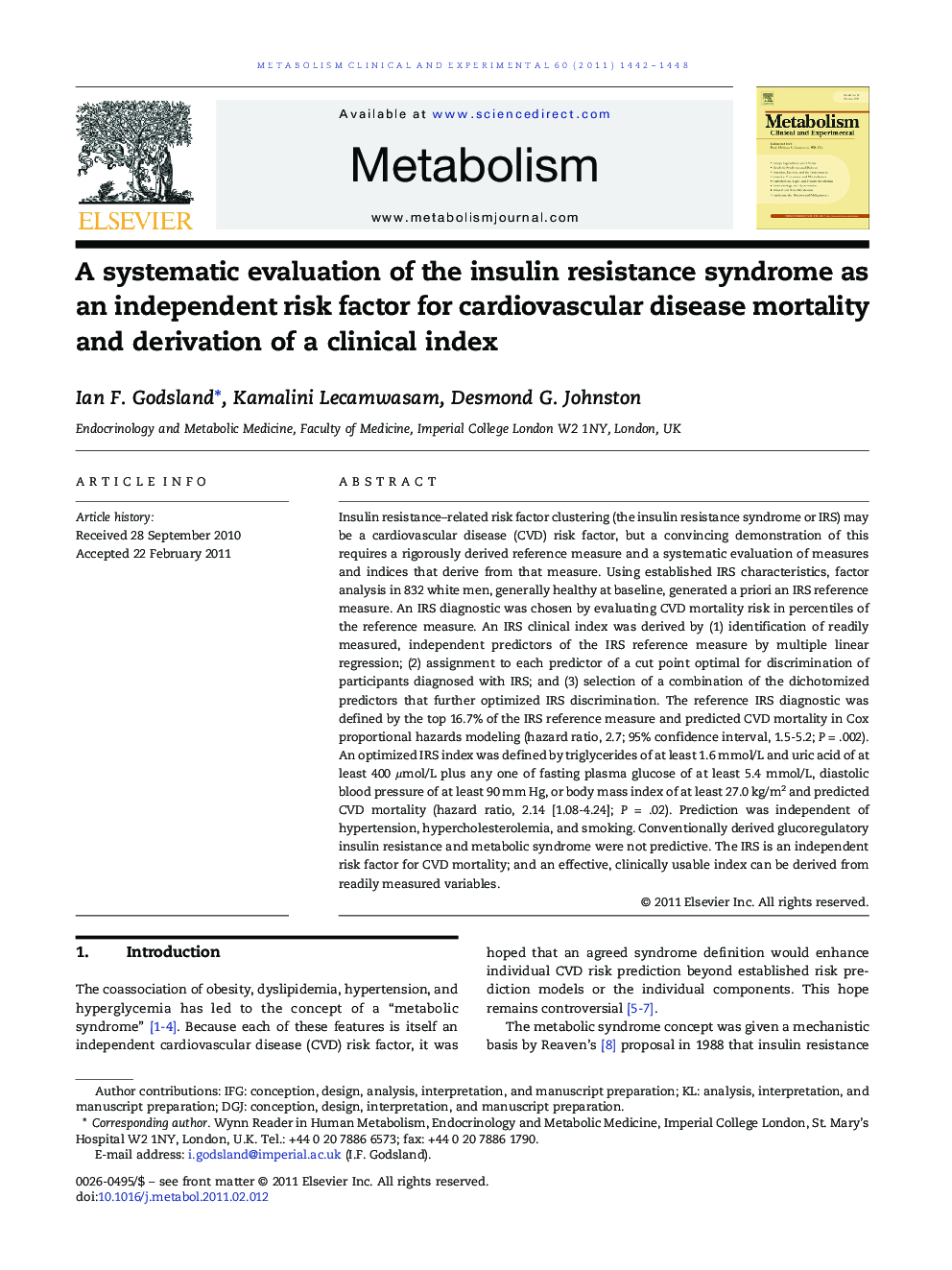 A systematic evaluation of the insulin resistance syndrome as an independent risk factor for cardiovascular disease mortality and derivation of a clinical index