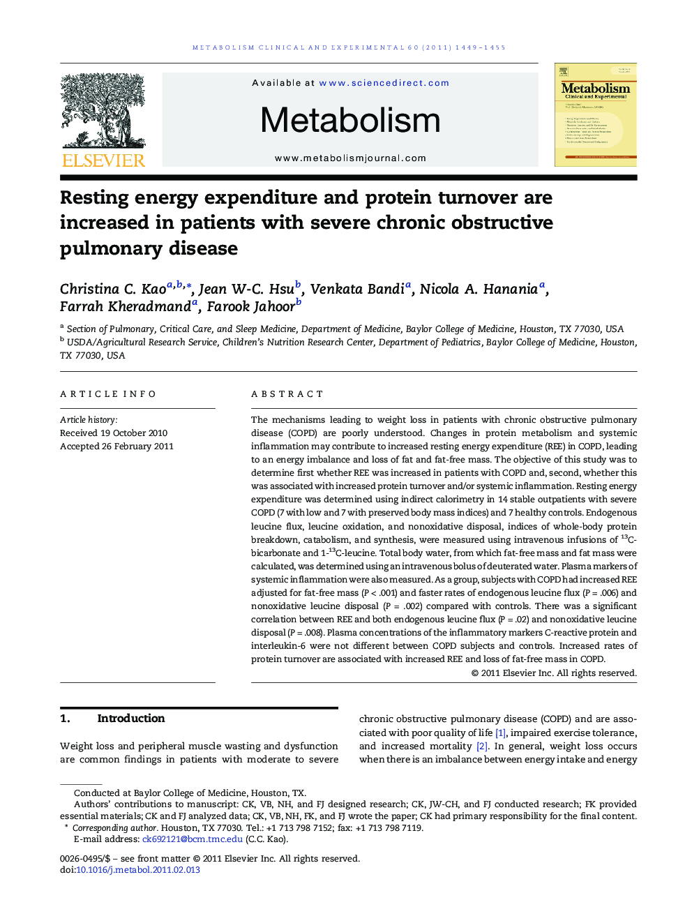 Resting energy expenditure and protein turnover are increased in patients with severe chronic obstructive pulmonary disease