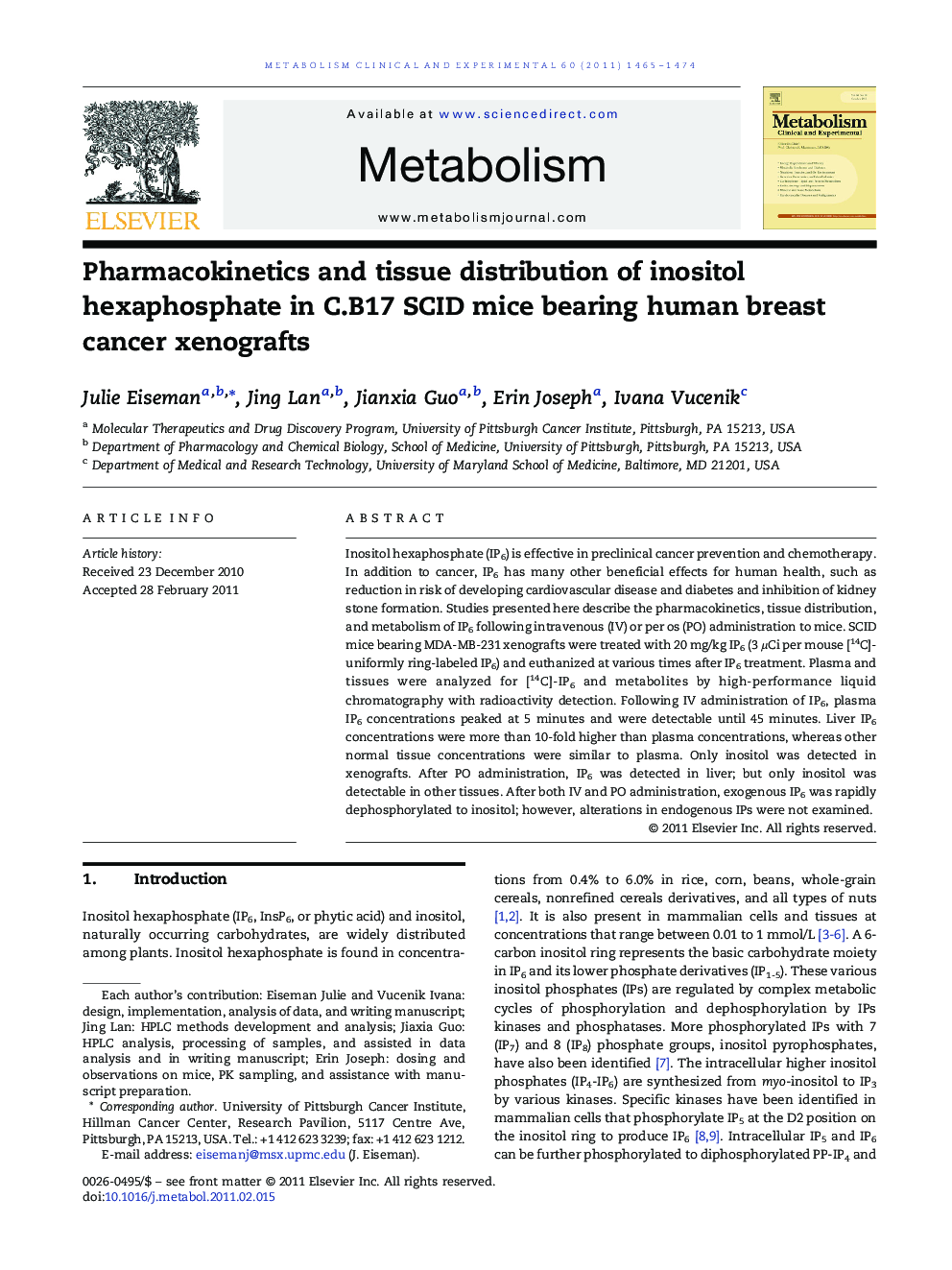 Pharmacokinetics and tissue distribution of inositol hexaphosphate in C.B17 SCID mice bearing human breast cancer xenografts