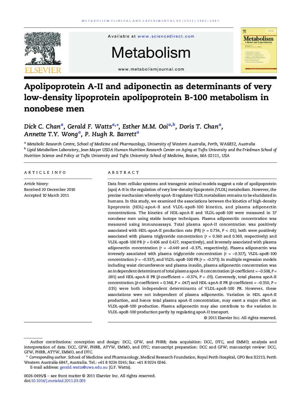 Apolipoprotein A-II and adiponectin as determinants of very low-density lipoprotein apolipoprotein B-100 metabolism in nonobese men