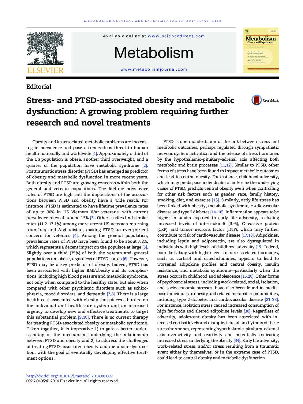 عکس صفحه اول مقاله: Stress- and PTSD-associated obesity and metabolic dysfunction: A growing problem requiring further research and novel treatments Stress- and PTSD-associated obesity and metabolic dysfunction: A growing problem requiring further research and novel treatments